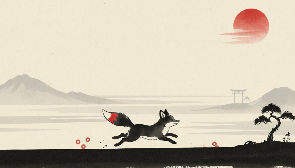 Ink-wash painting of a fox running beneath a red sun