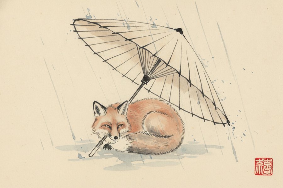 Sumi-e painting: a fox sheltering under a paper umbrella in the rain