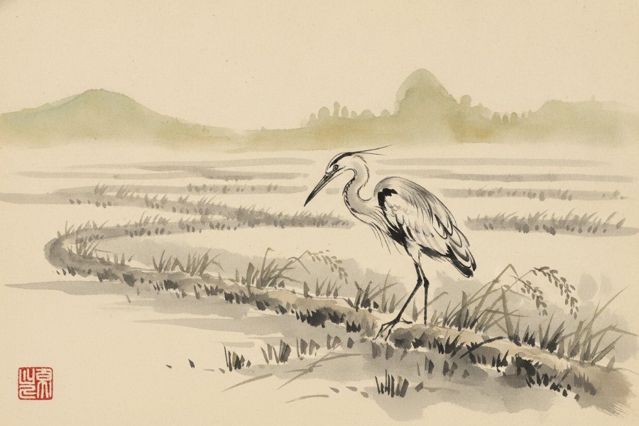 Sumi-e painting: a heron standing in a rice paddy after harvest