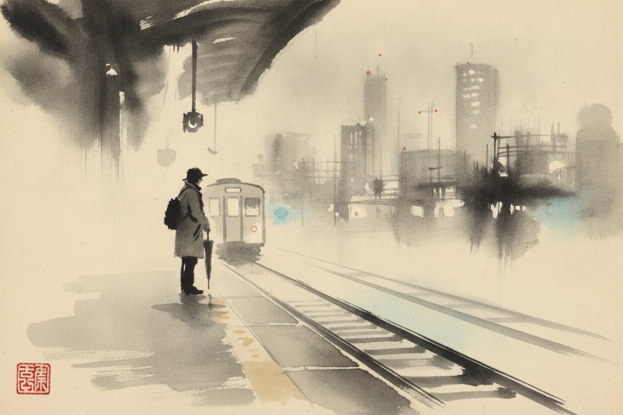 Sumi-e painting: a lone commuter on a Tokyo train platform at night